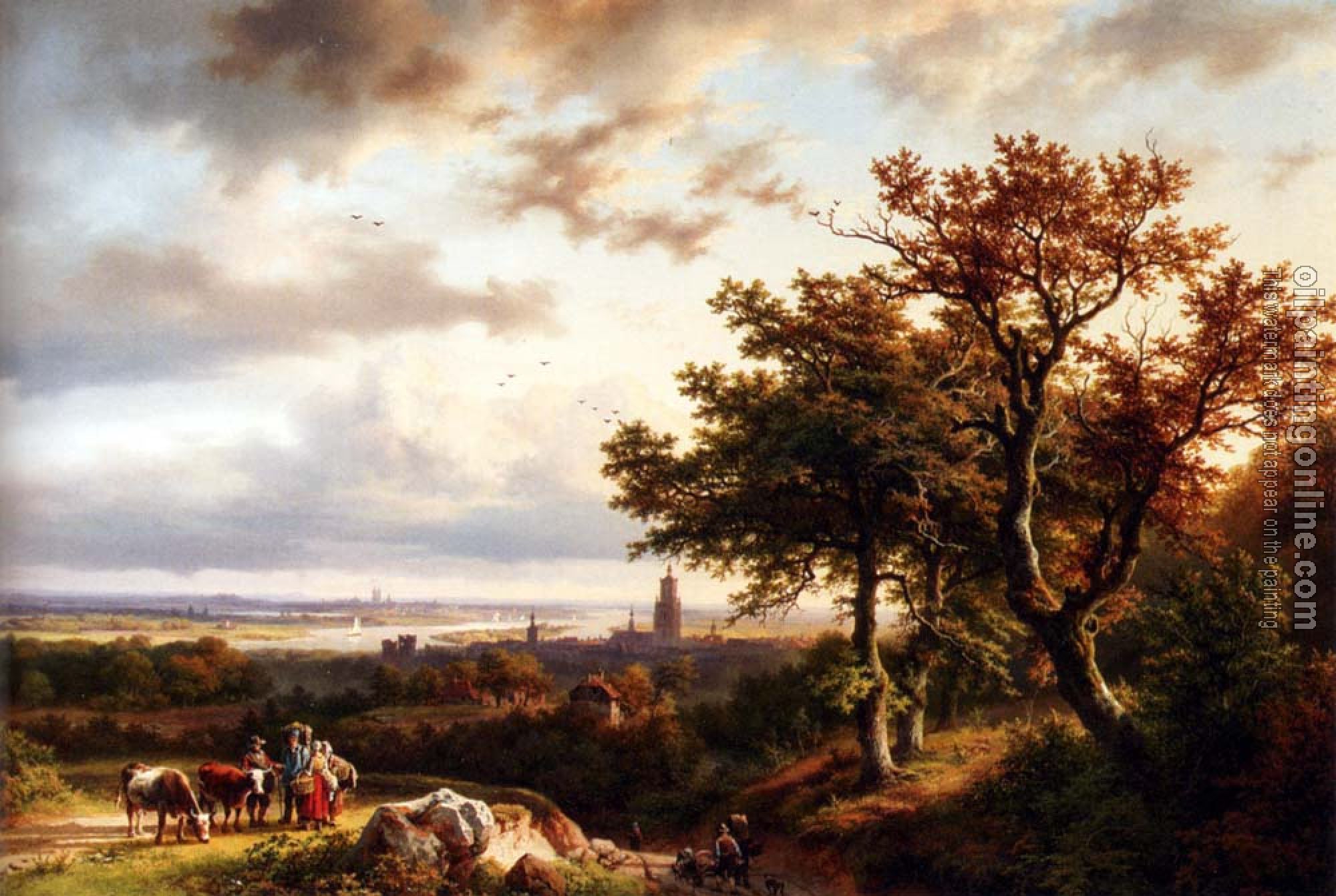 Koekkoek, Barend Cornelis - A Panoramic Rhenish Landscape With Peasants Conversing On A Track